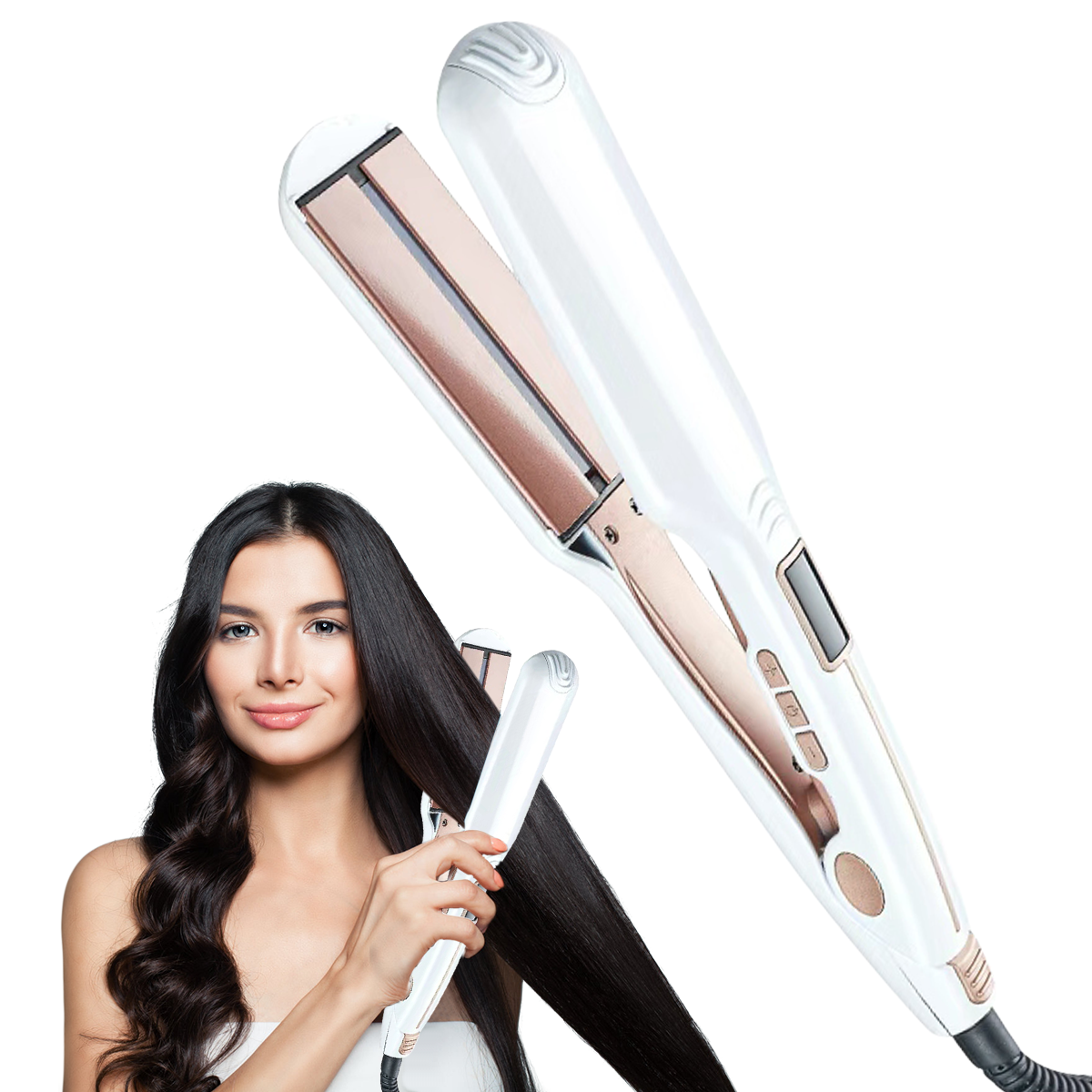 FINETOL 2 in 1 Hair Straightener 2.2" Flat Iron, Adjustable Temperature, Dual Use Curling Iron Wand Hair Curler, Pro Hair Tools for Hair White