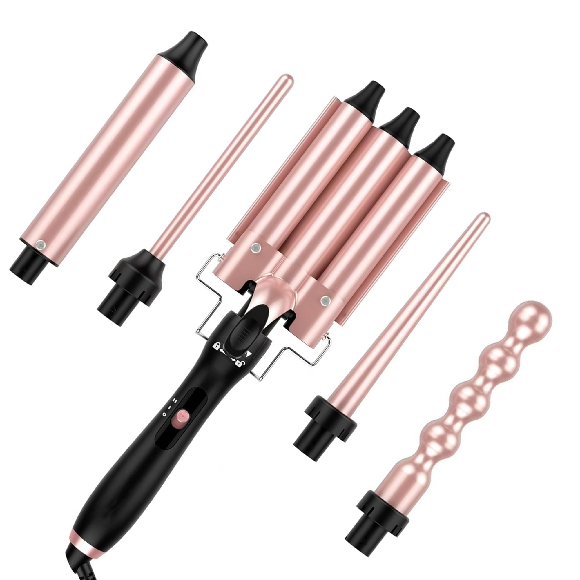 MOCEMTRY 5 in 1 Curling Wand Set with 3 Barrel Hair Crimper for Women，Fast Heating Hair Wand Curler with Two Temp Control.