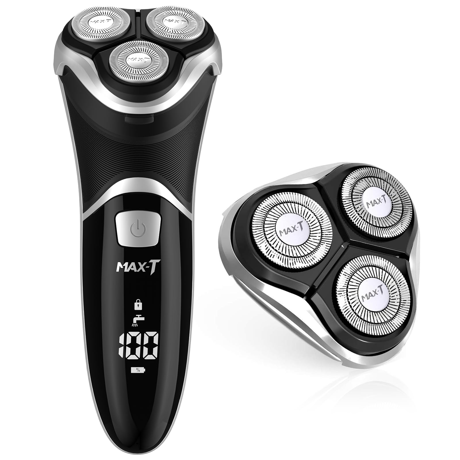 Men's Electric Shaver - MAX-T Corded and Cordless Rechargeable 3D Rotary Shaver Razor for Men with Pop-up Sideburn Trimmer Wet and Dry, IPX7 Waterproof, Plug & Play