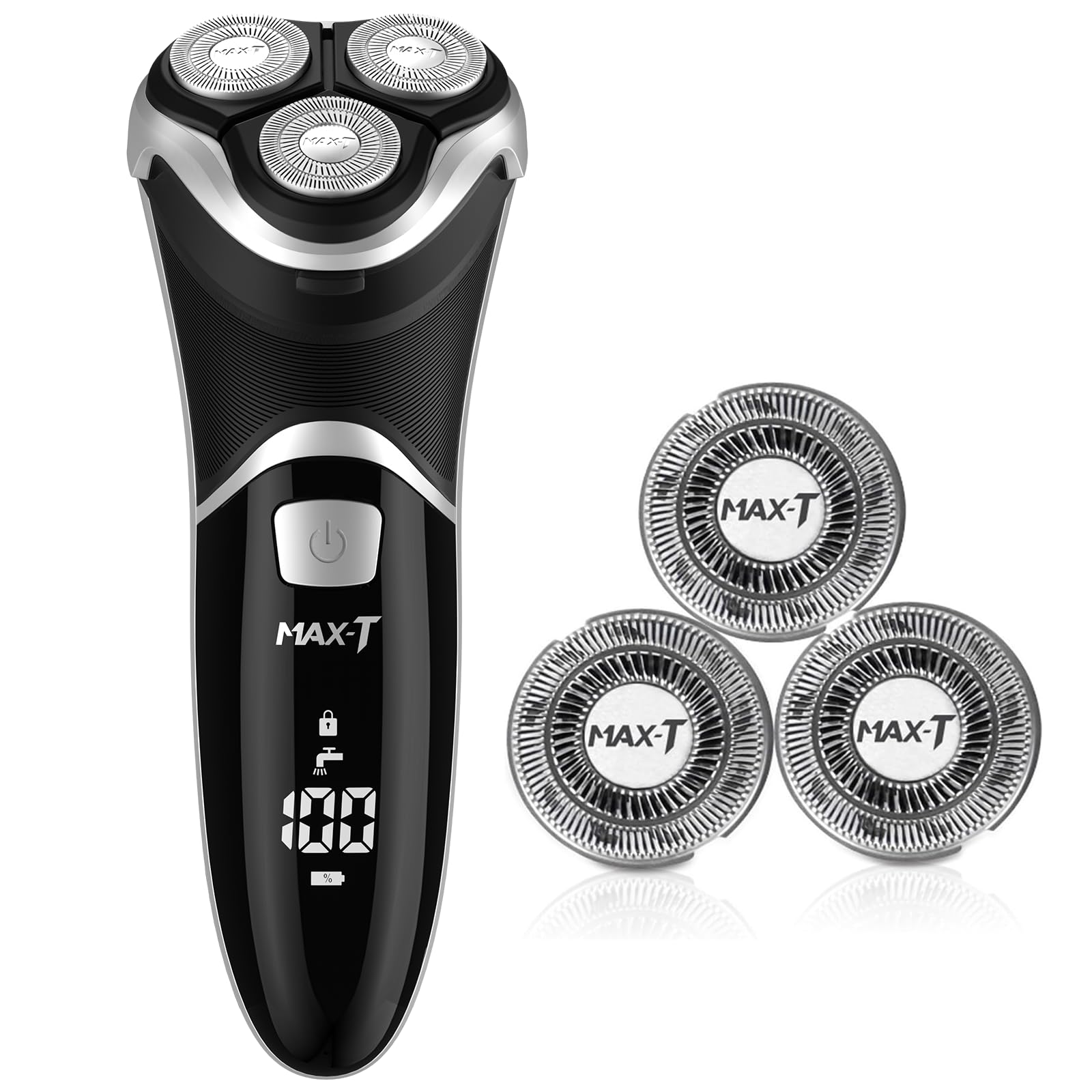 Men's Electric Shaver - MAX-T Corded and Cordless Rechargeable 3D Rotary Shaver Razor for Men with Pop-up Sideburn Trimmer Wet and Dry, IPX7 Waterproof, Plug & Play