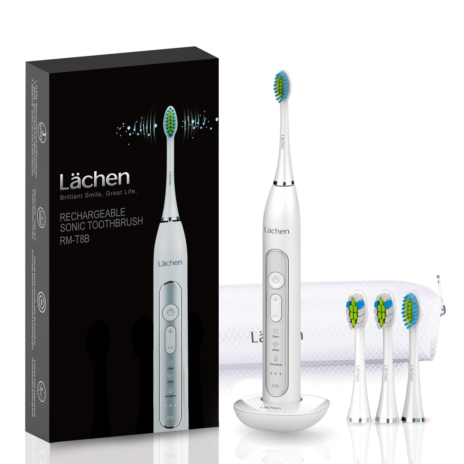 Lächen Sonic elektrische Zahnbürste Schallzahnbürste mit 4 Aufsteckbürsten und Timer, 3 Modi & 3 Vibrationsstärken mit Reisetasche