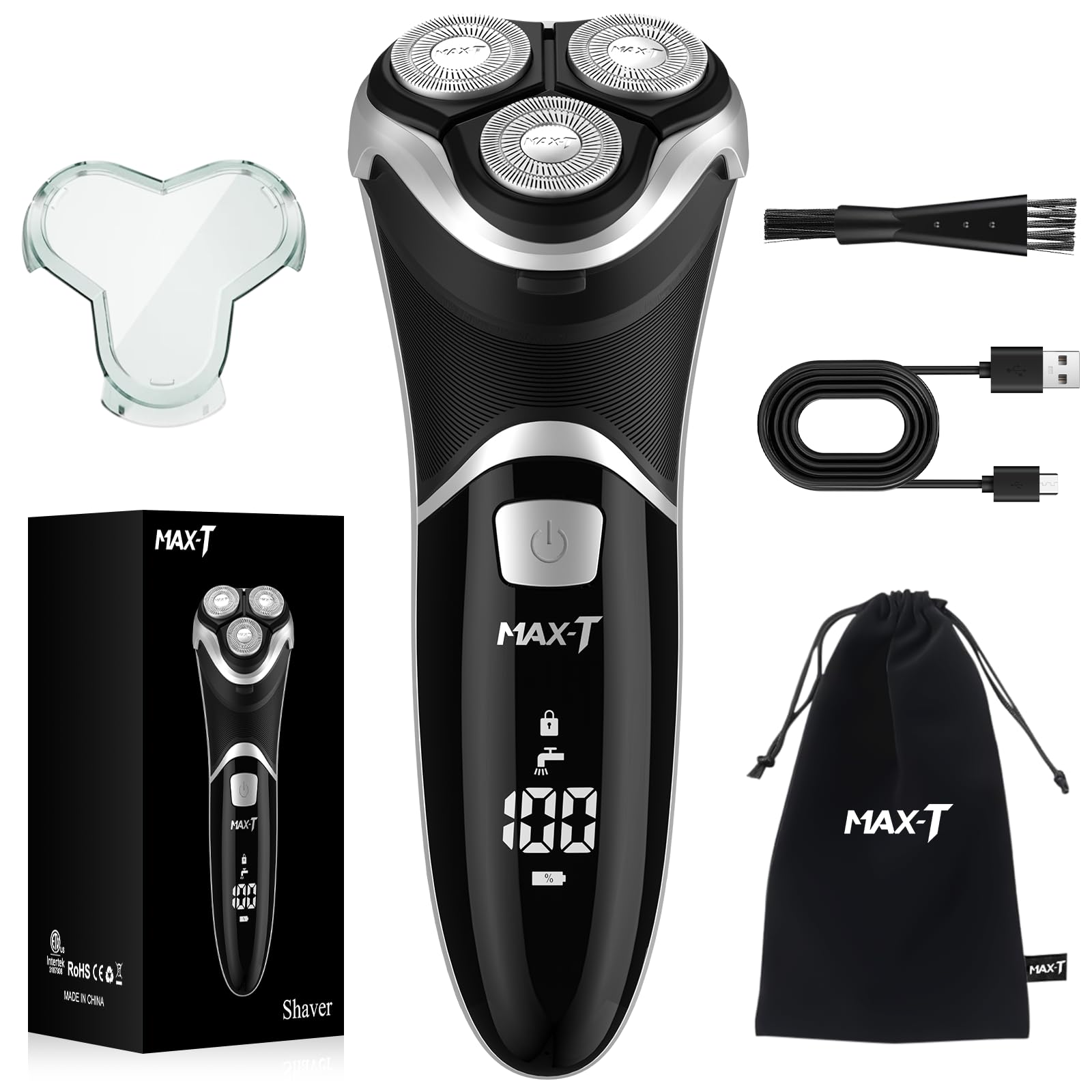 Men's Electric Shaver - MAX-T Corded and Cordless Rechargeable 3D Rotary Shaver Razor for Men with Pop-up Sideburn Trimmer Wet and Dry, IPX7 Waterproof, Plug & Play