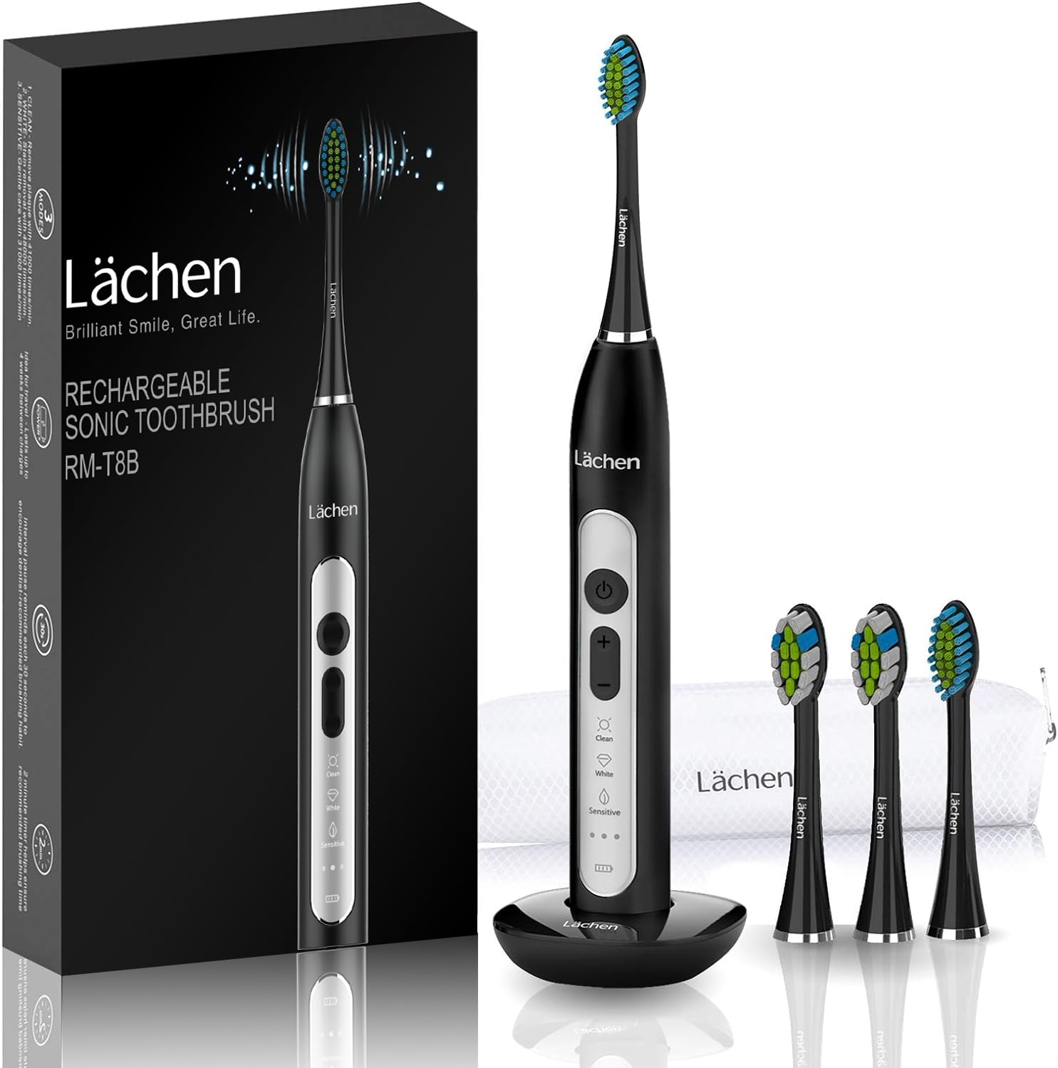 Lächen Sonic elektrische Zahnbürste Schallzahnbürste mit 4 Aufsteckbürsten und Timer, 3 Modi & 3 Vibrationsstärken mit Reisetasche