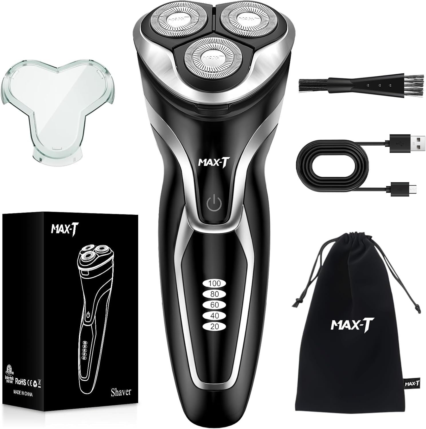 Men's Electric Shaver - MAX-T Corded and Cordless Rechargeable 3D Rotary Shaver Razor for Men with Pop-up Sideburn Trimmer Wet and Dry, IPX7 Waterproof, Plug & Play
