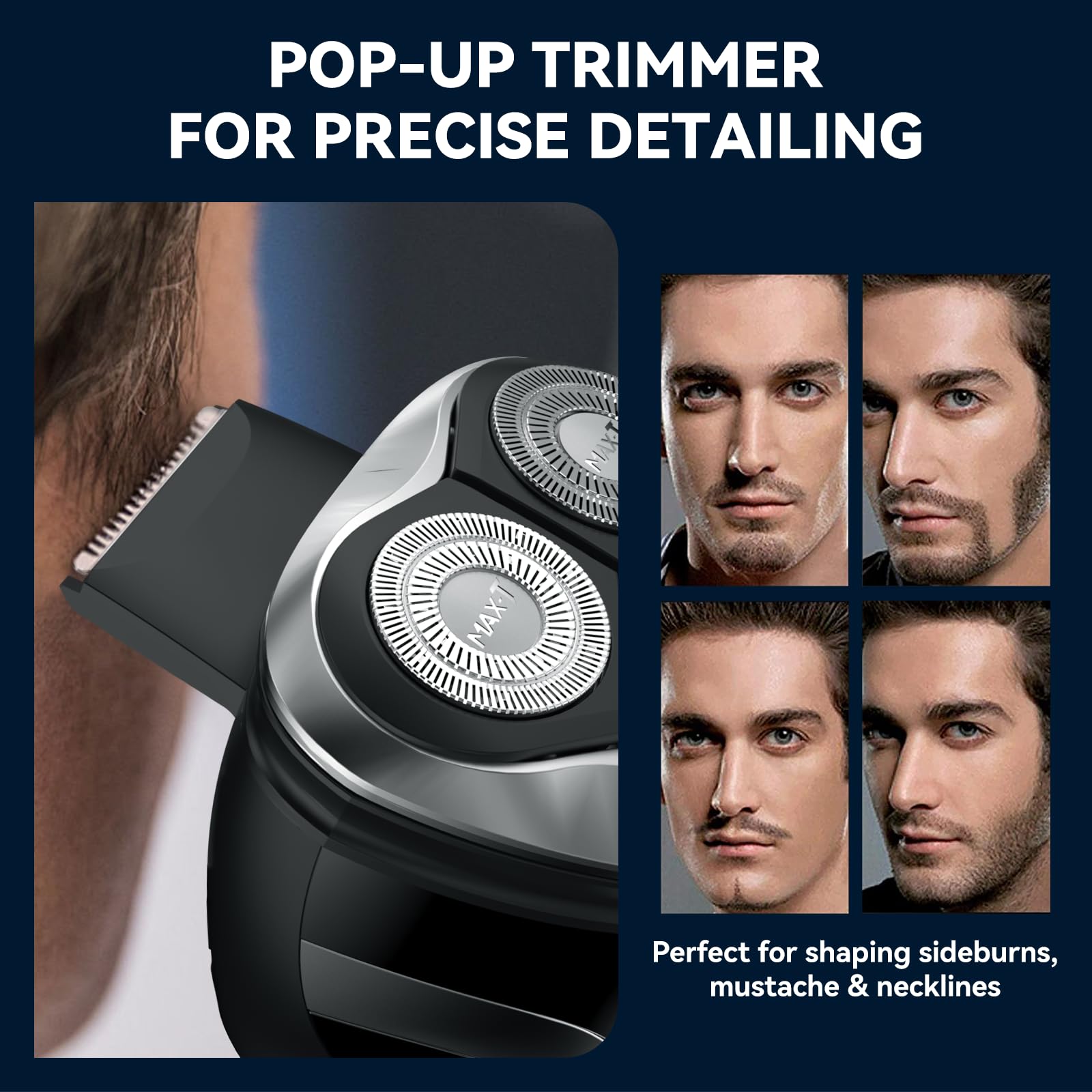 Men's Electric Shaver - MAX-T Corded and Cordless Rechargeable 3D Rotary Shaver Razor for Men with Pop-up Sideburn Trimmer Wet and Dry, IPX7 Waterproof, Plug & Play