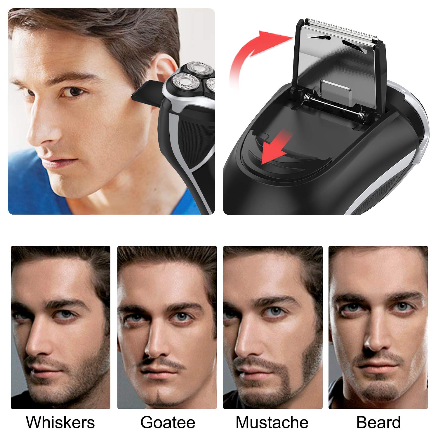Men's Electric Shaver - MAX-T Corded and Cordless Rechargeable 3D Rotary Shaver Razor for Men with Pop-up Sideburn Trimmer Wet and Dry, IPX7 Waterproof, Plug & Play