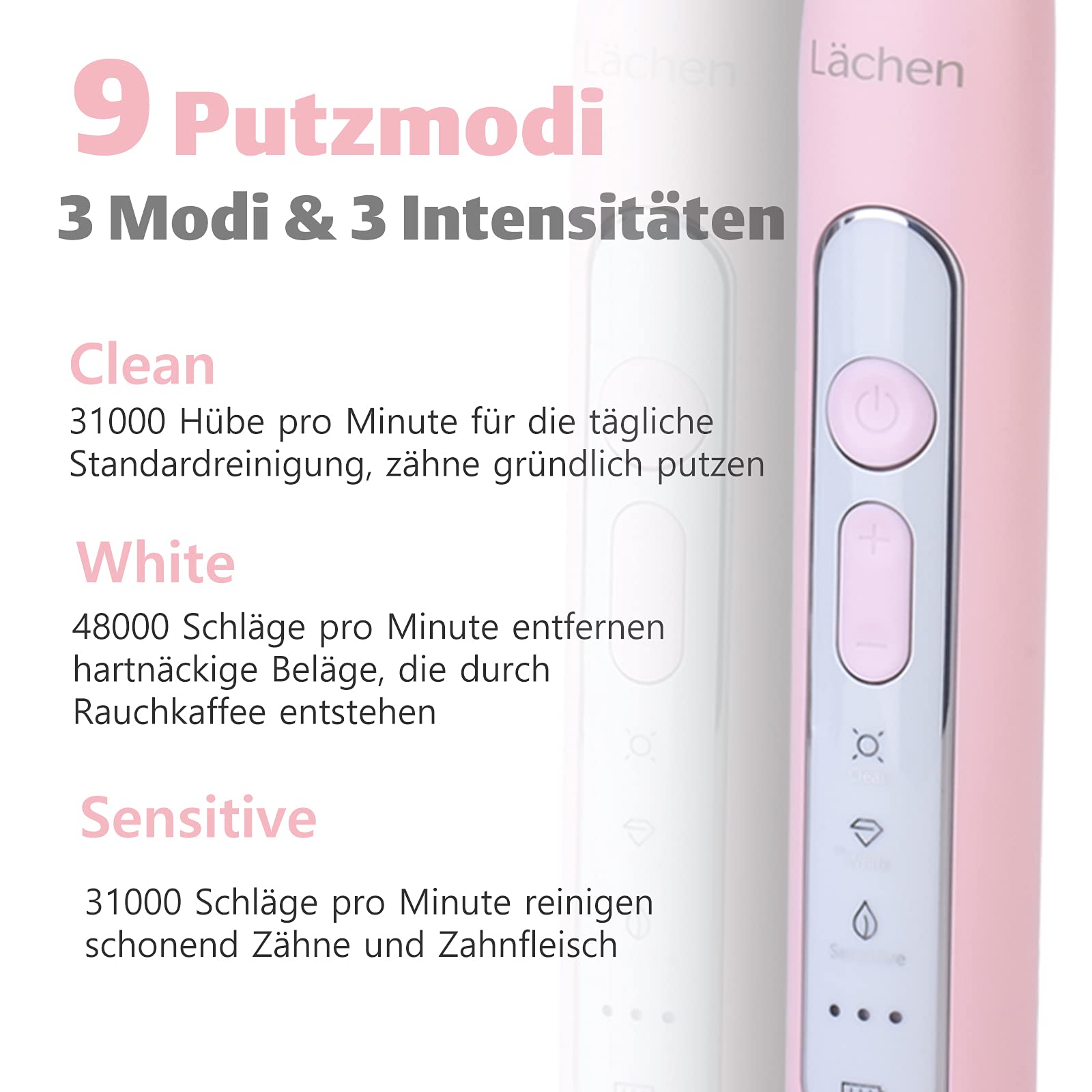 Lächen Sonic elektrische Zahnbürste Schallzahnbürste mit 4 Aufsteckbürsten und Timer, 3 Modi & 3 Vibrationsstärken mit Reisetasche