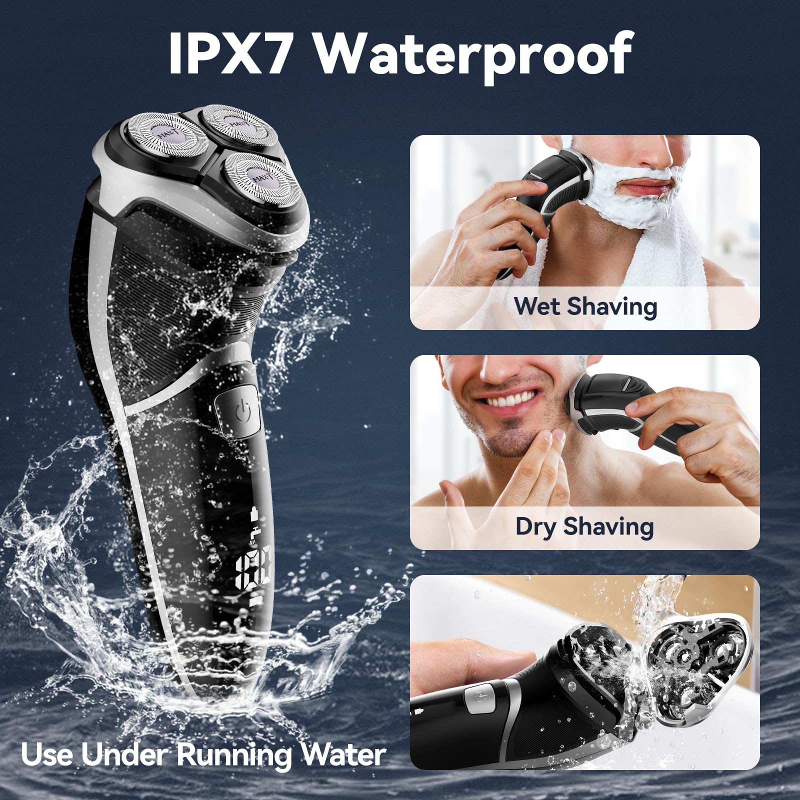 Men's Electric Shaver - MAX-T Corded and Cordless Rechargeable 3D Rotary Shaver Razor for Men with Pop-up Sideburn Trimmer Wet and Dry, IPX7 Waterproof, Plug & Play