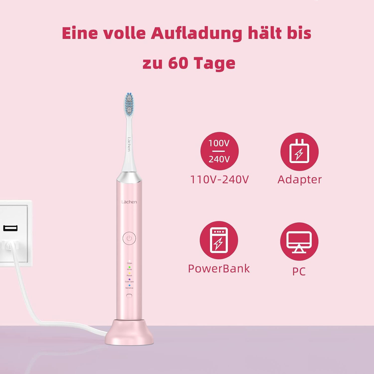 Lächen Elektrische Schallzahnbürste, 5 Modi mit Reise-Etui，– IPX8 (Türkis) Elektrische Zahnbürste mit Ladestation, 5 Modi & 60 Tage Power Batterie – mit Bürstenkopf