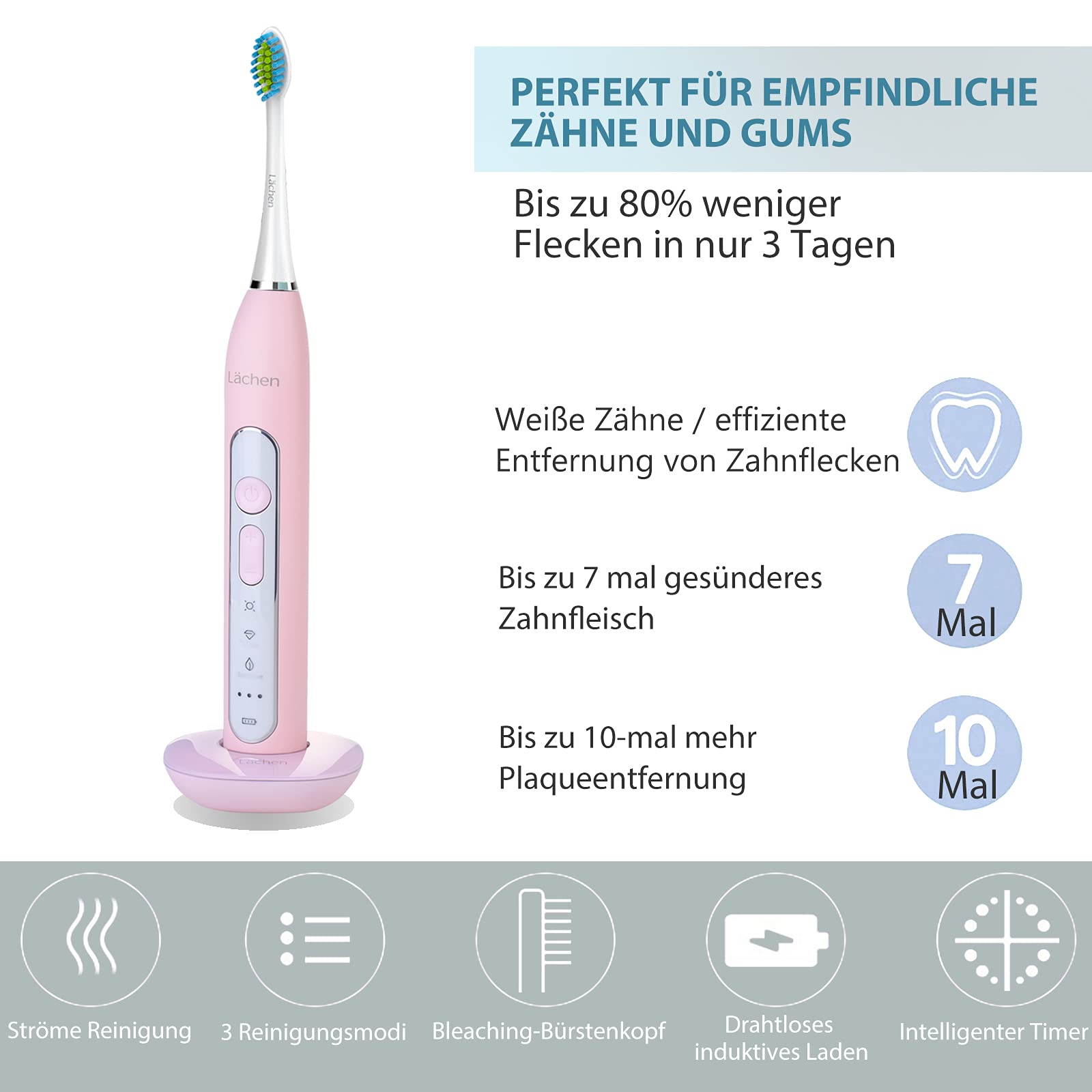 Lächen Sonic elektrische Zahnbürste Schallzahnbürste mit 4 Aufsteckbürsten und Timer, 3 Modi & 3 Vibrationsstärken mit Reisetasche