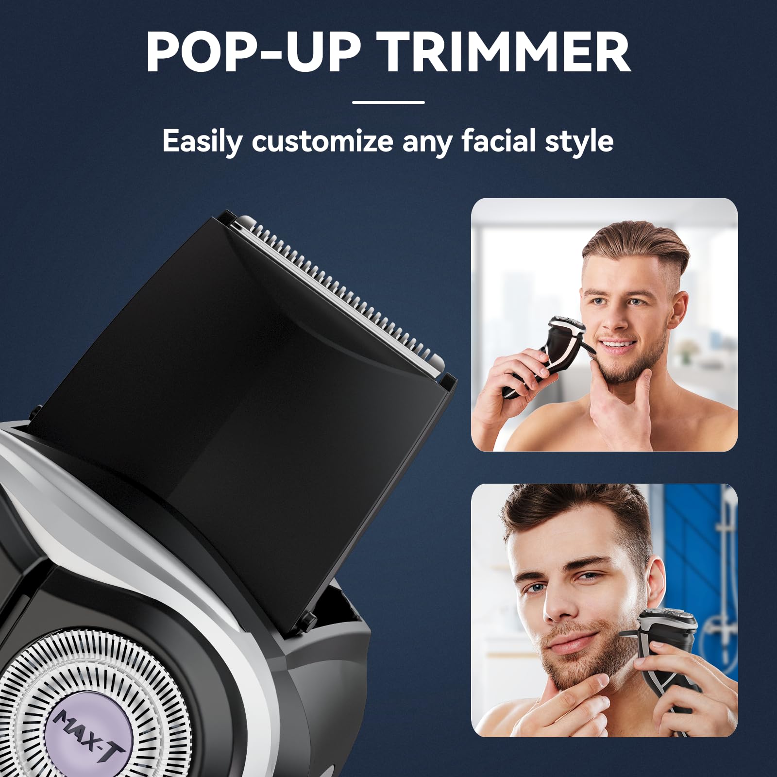 Men's Electric Shaver - MAX-T Corded and Cordless Rechargeable 3D Rotary Shaver Razor for Men with Pop-up Sideburn Trimmer Wet and Dry, IPX7 Waterproof, Plug & Play