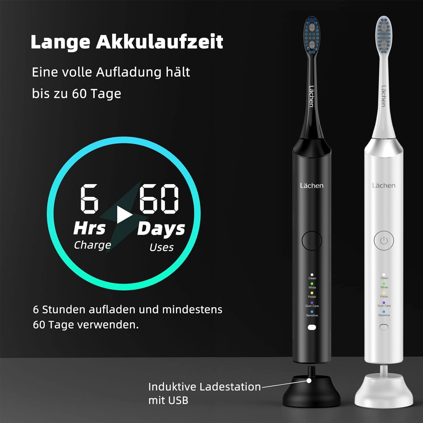 Lächen Elektrische Schallzahnbürste, 5 Modi mit Reise-Etui，– IPX8 (Türkis) Elektrische Zahnbürste mit Ladestation, 5 Modi & 60 Tage Power Batterie – mit Bürstenkopf