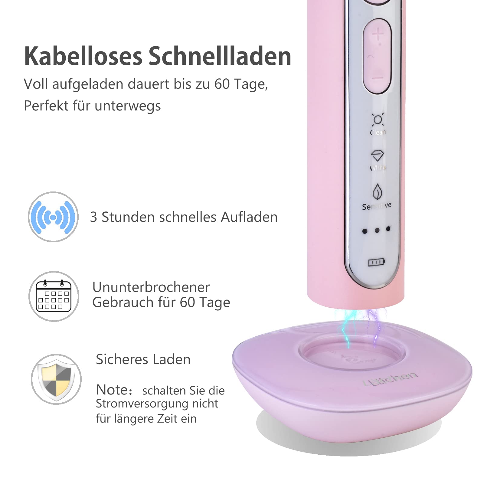 Lächen Sonic elektrische Zahnbürste Schallzahnbürste mit 4 Aufsteckbürsten und Timer, 3 Modi & 3 Vibrationsstärken mit Reisetasche
