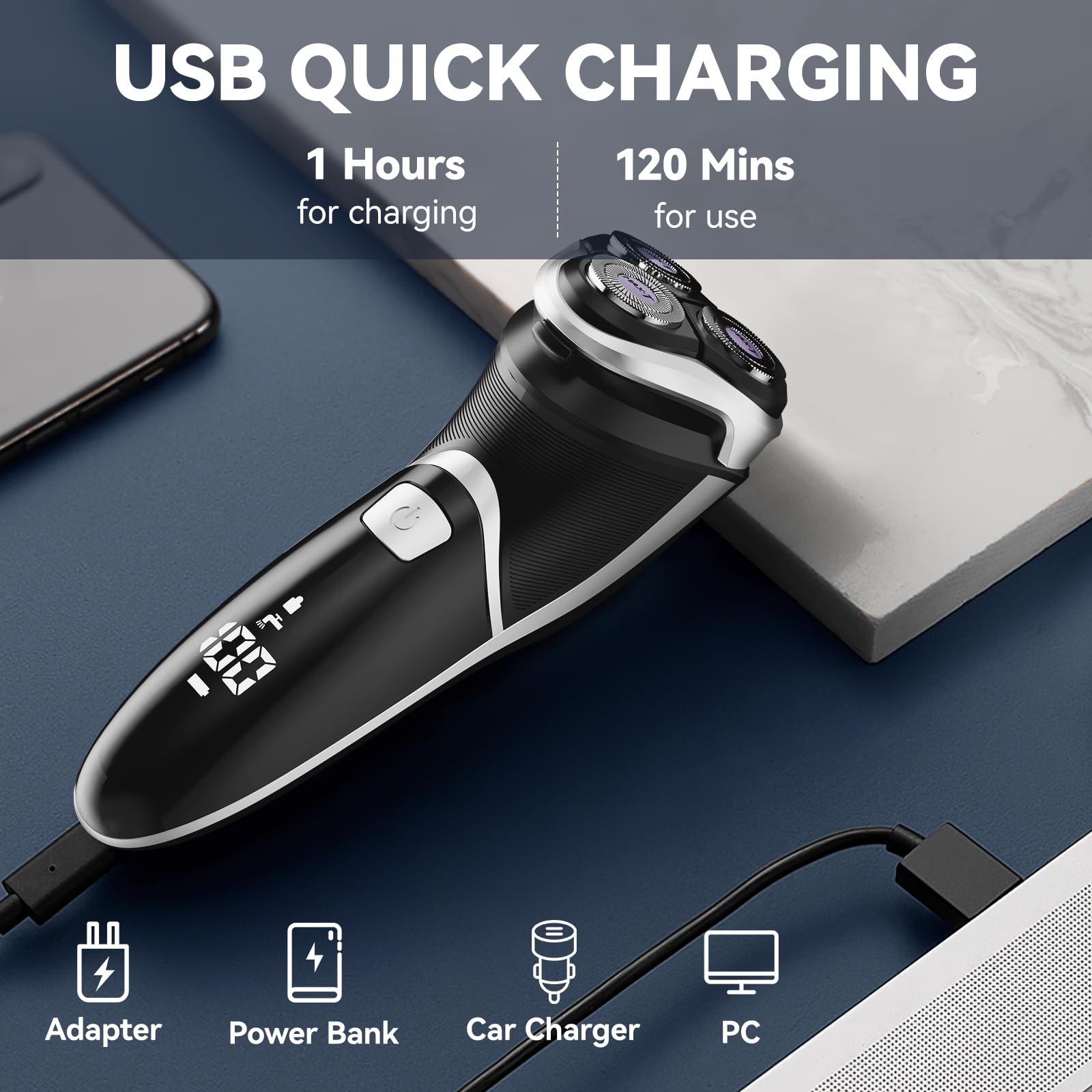 Men's Electric Shaver - MAX-T Corded and Cordless Rechargeable 3D Rotary Shaver Razor for Men with Pop-up Sideburn Trimmer Wet and Dry, IPX7 Waterproof, Plug & Play