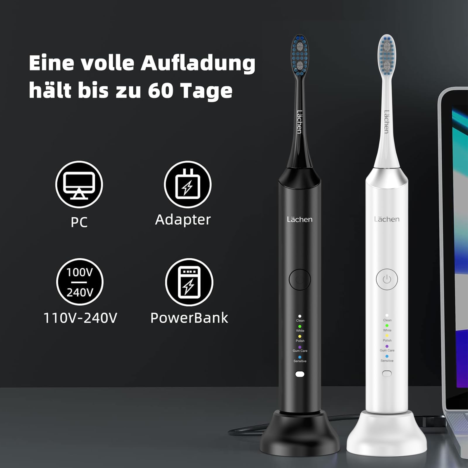 Lächen Elektrische Schallzahnbürste, 5 Modi mit Reise-Etui，– IPX8 (Türkis) Elektrische Zahnbürste mit Ladestation, 5 Modi & 60 Tage Power Batterie – mit Bürstenkopf