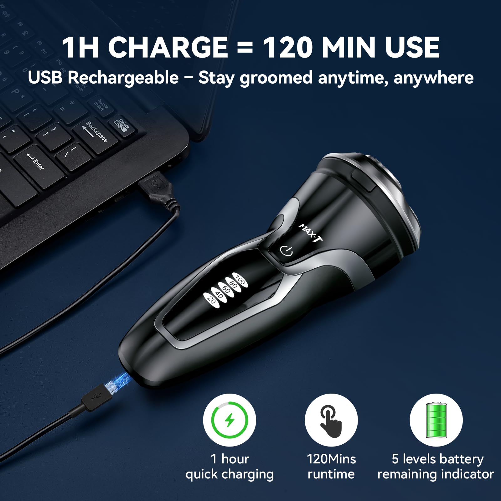 Men's Electric Shaver - MAX-T Corded and Cordless Rechargeable 3D Rotary Shaver Razor for Men with Pop-up Sideburn Trimmer Wet and Dry, IPX7 Waterproof, Plug & Play