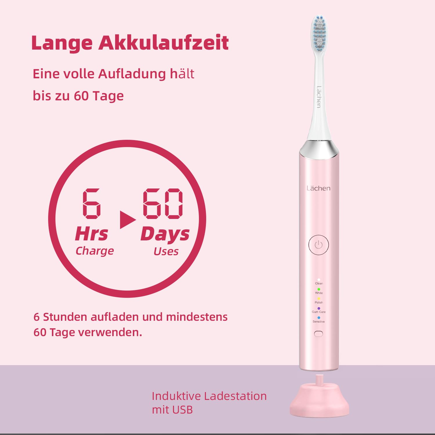 Lächen Elektrische Schallzahnbürste, 5 Modi mit Reise-Etui，– IPX8 (Türkis) Elektrische Zahnbürste mit Ladestation, 5 Modi & 60 Tage Power Batterie – mit Bürstenkopf