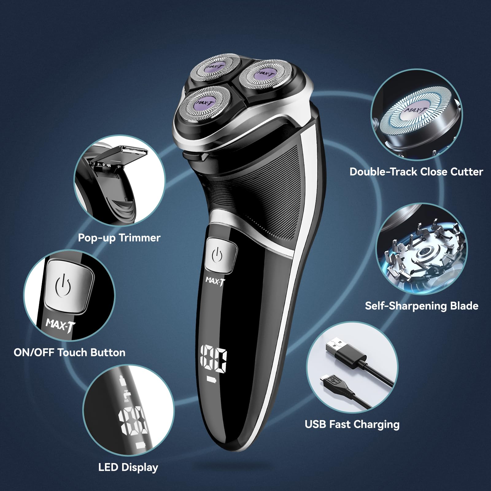 Men's Electric Shaver - MAX-T Corded and Cordless Rechargeable 3D Rotary Shaver Razor for Men with Pop-up Sideburn Trimmer Wet and Dry, IPX7 Waterproof, Plug & Play